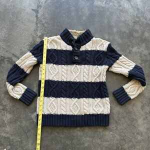 Size M Gap Kids Cable Knit Sweater Blue White Stripe Sherpa Lined Quarter Button